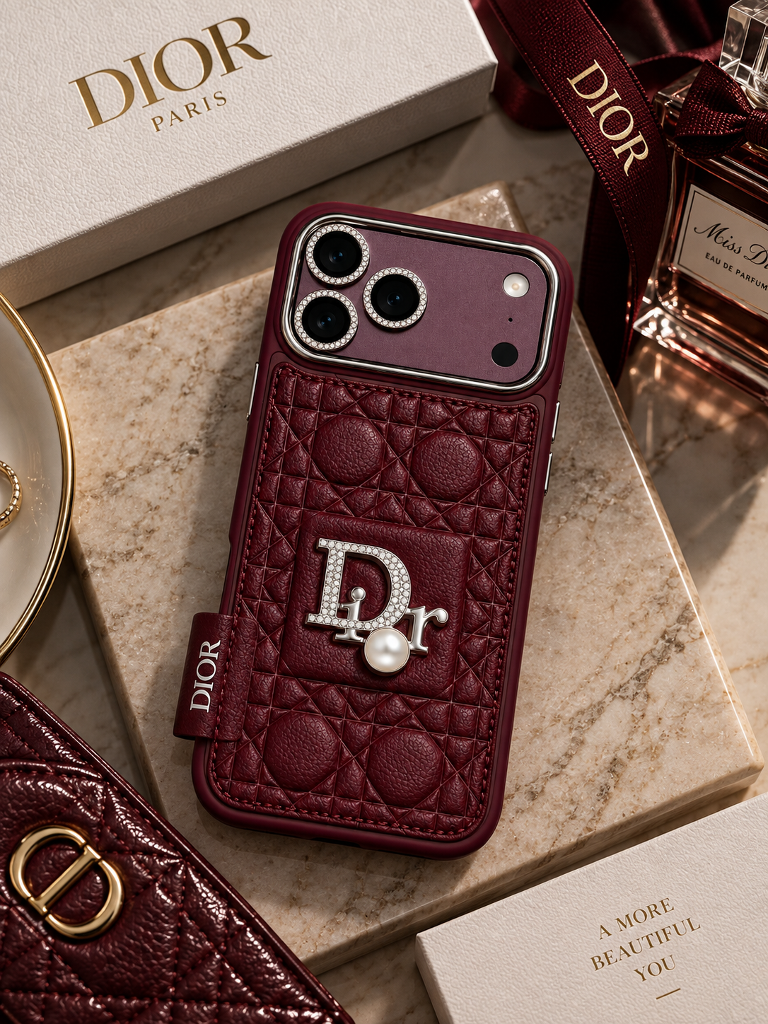 Dior Burgundy Quilted Pearl Case for iPhone 18 Pro Max