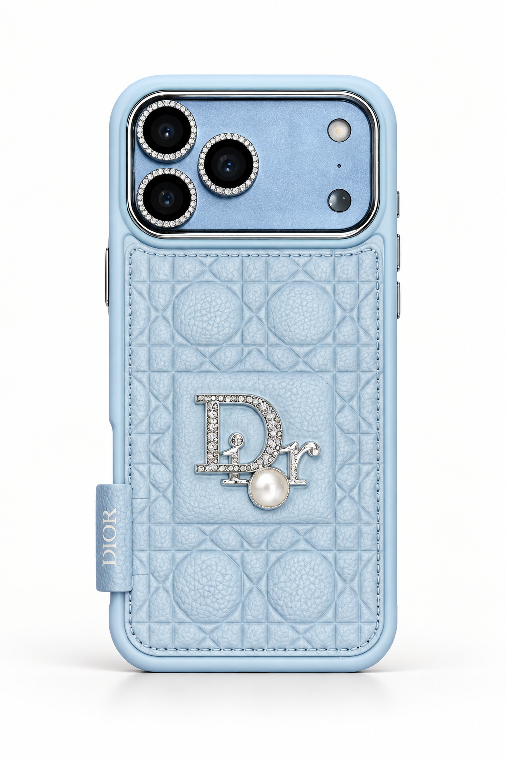 Glacier blue Dior-style quilted case for iPhone 18 Pro Max with crystal emblem and pearl detail