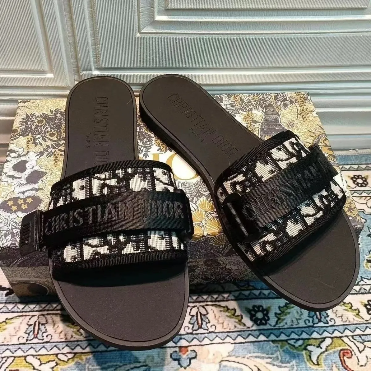 Dior Velcro Embossed Flat Slippers – slippers product image 1