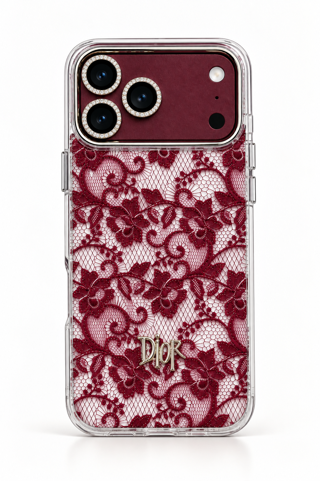 A Dior iPhone case featuring a burgundy lace pattern over a clear mesh backing, with a gold-tone Dior logo at the bottom and a matching burgundy camera ring.