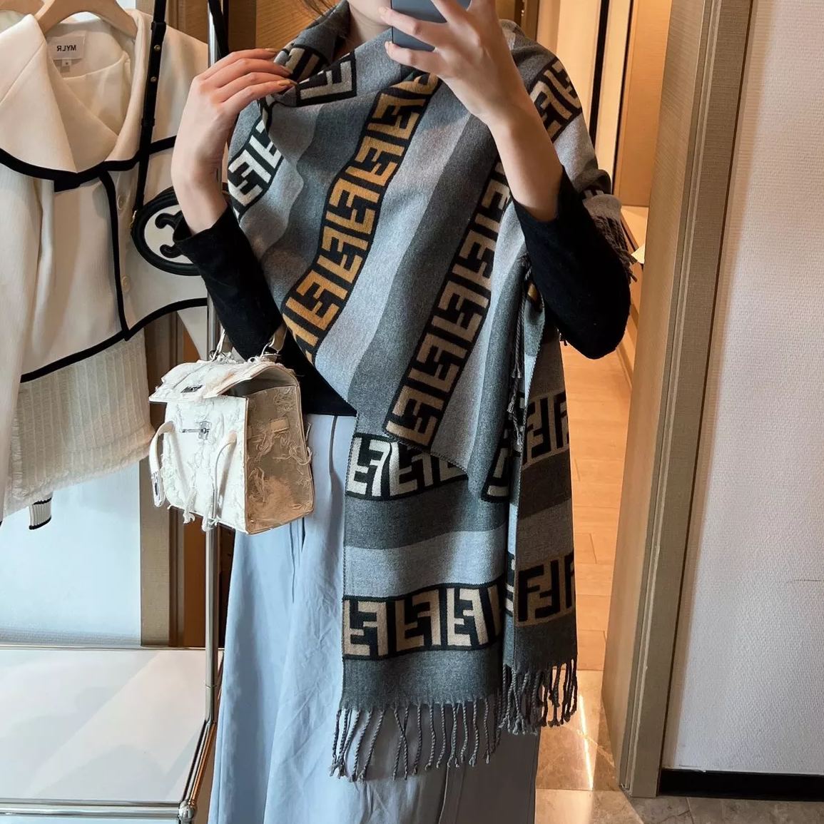 Fendi FF Monogram Cashmere Fringed Scarf Shawl for Women – product image 10