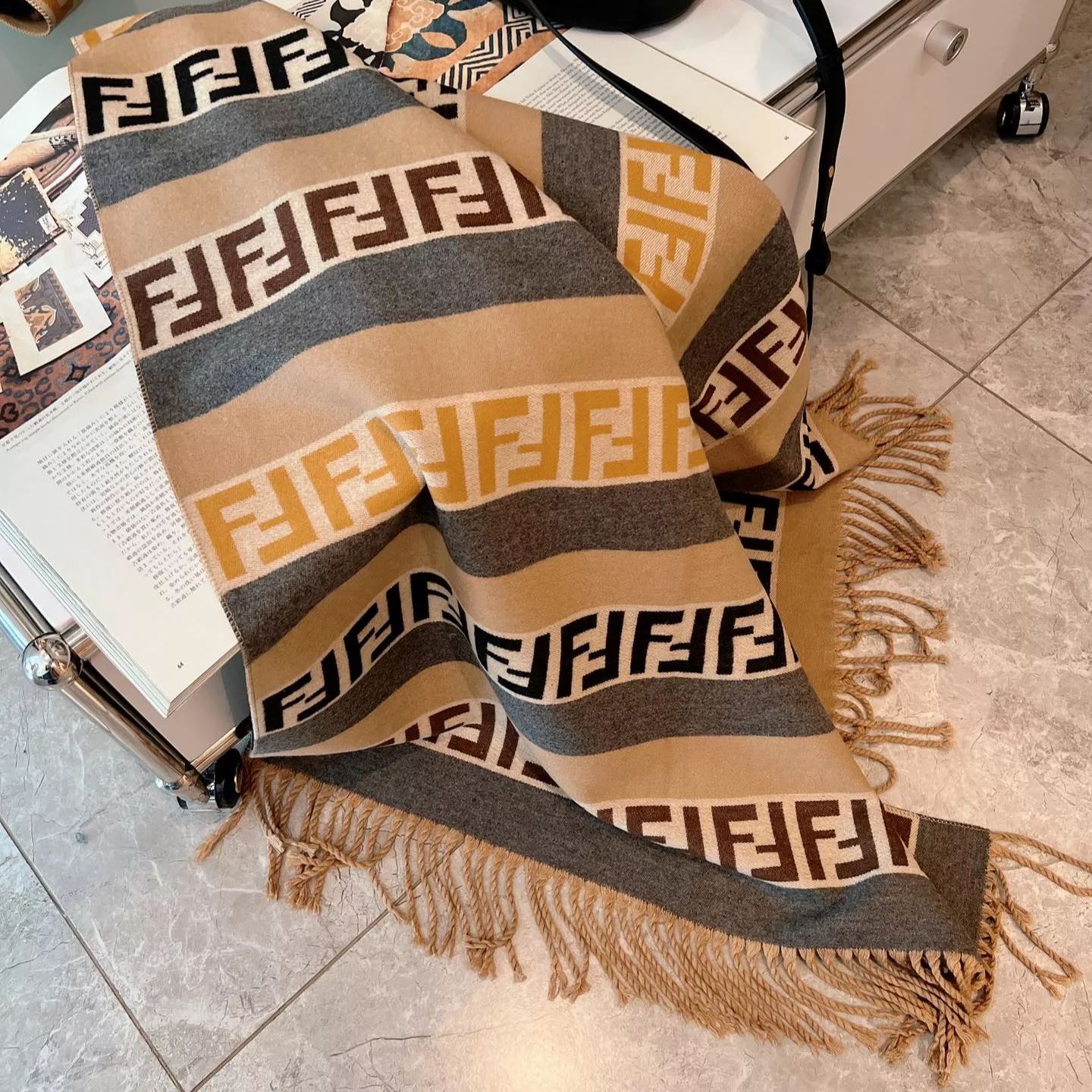 Fendi FF Monogram Cashmere Fringed Scarf Shawl for Women – product image 2
