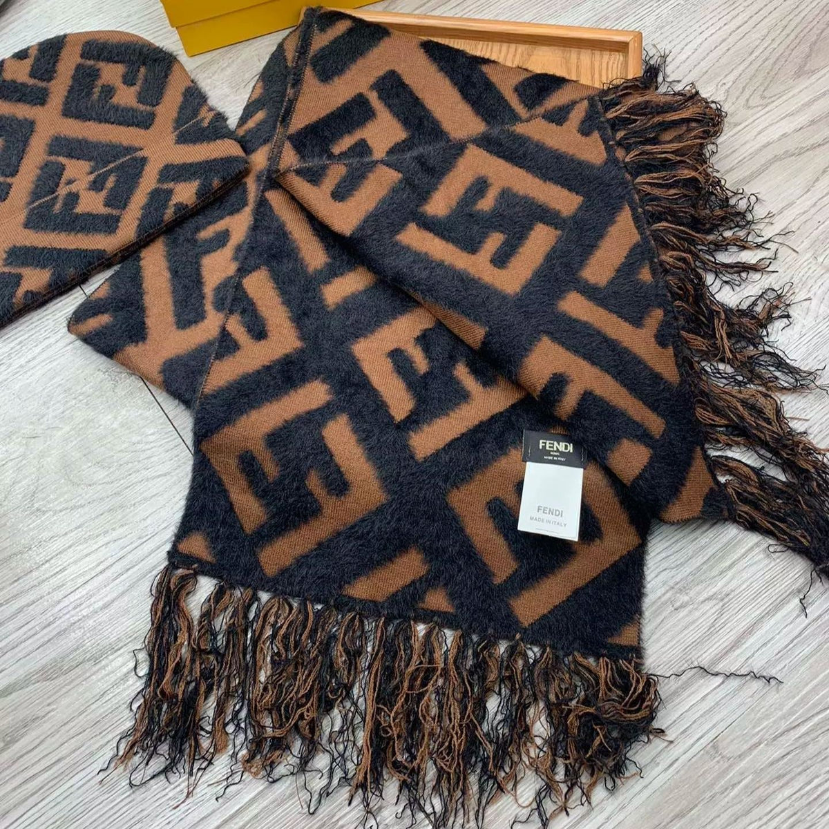 Fendi FF Monogram Cashmere Scarf Hat Set for Women – product image 6