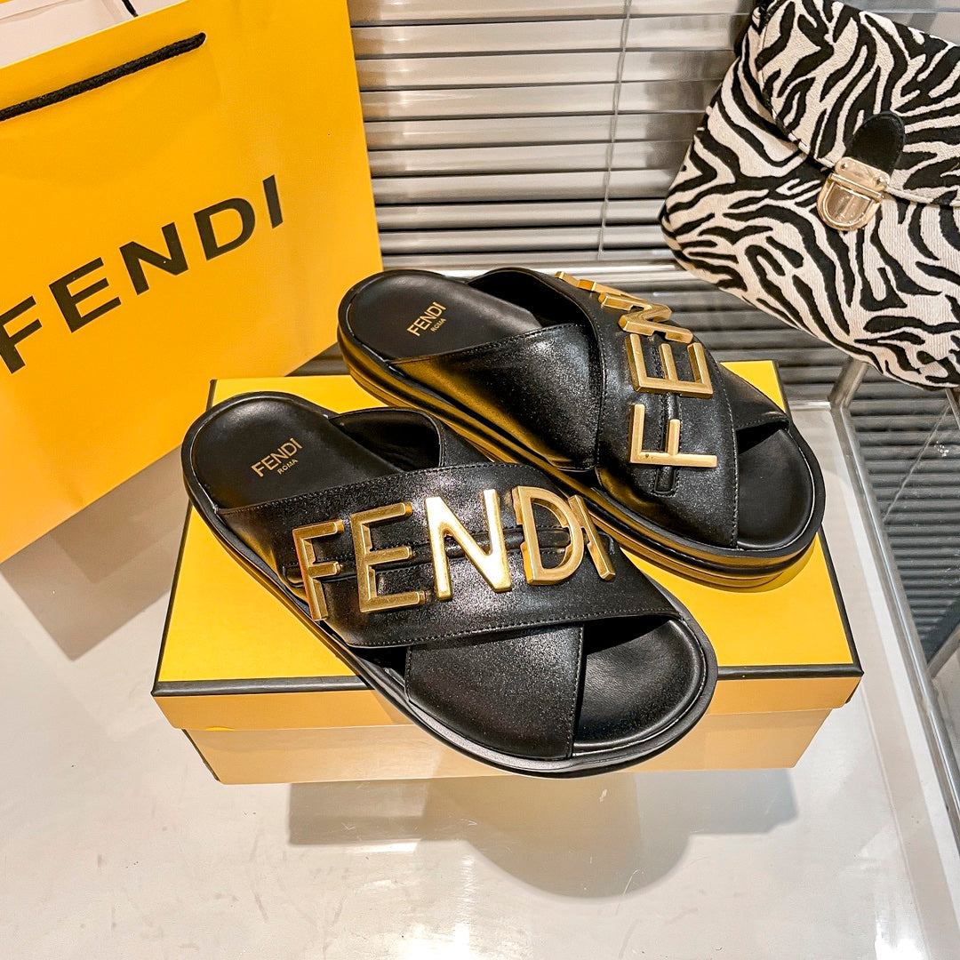 Fendi Metal Letters Leather Comfortable Slippers – slippers product image 12