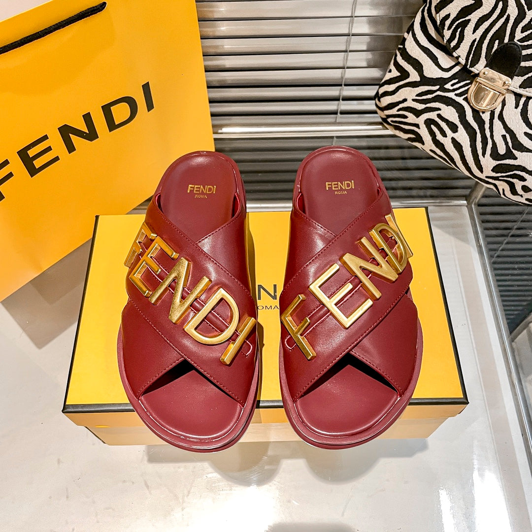 Fendi Metal Letters Leather Comfortable Slippers – slippers product image 3