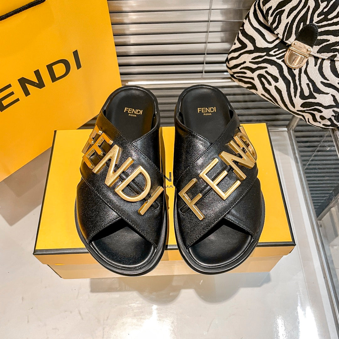 Fendi Metal Letters Leather Comfortable Slippers – slippers product image 5