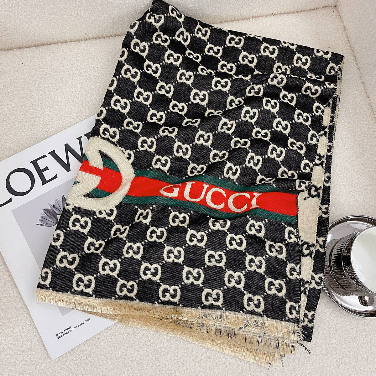 Gucci Cashmere Classic Full Logo Jacquard Warm Scarf Shawl for Women – product image 2