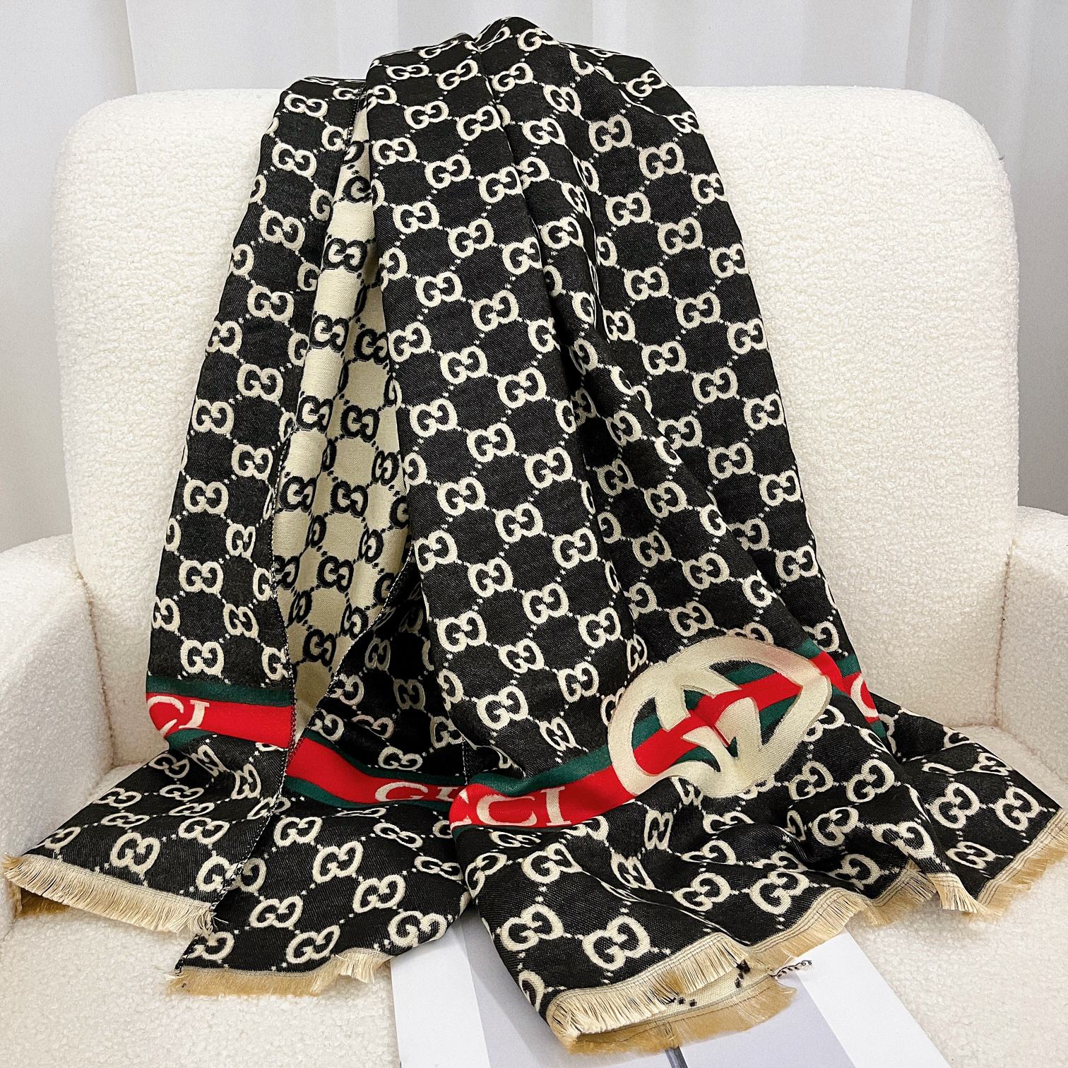 Gucci Cashmere Classic Full Logo Jacquard Warm Scarf Shawl for Women – product image 22