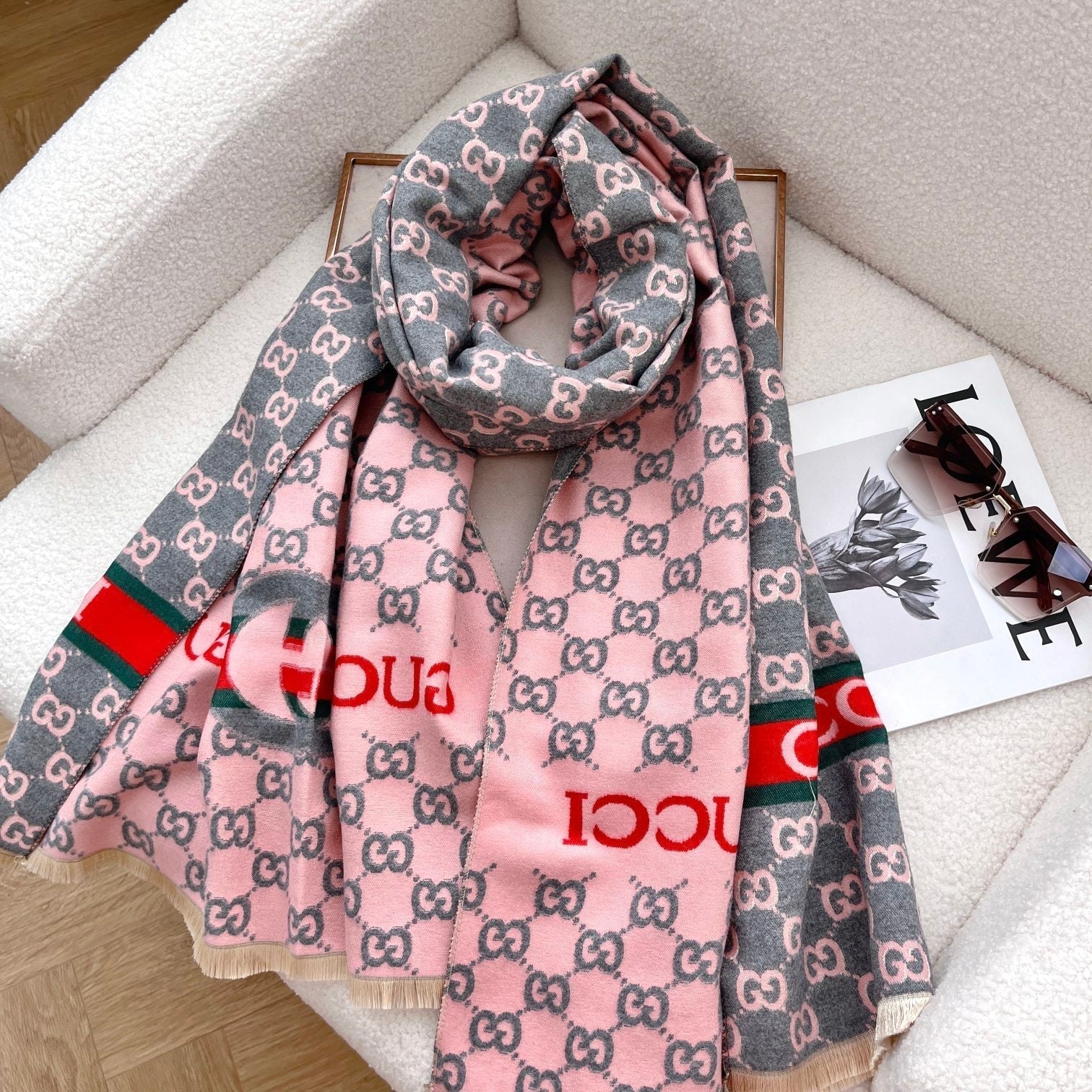 Gucci Cashmere Classic Full Logo Jacquard Warm Scarf Shawl for Women – product image 9
