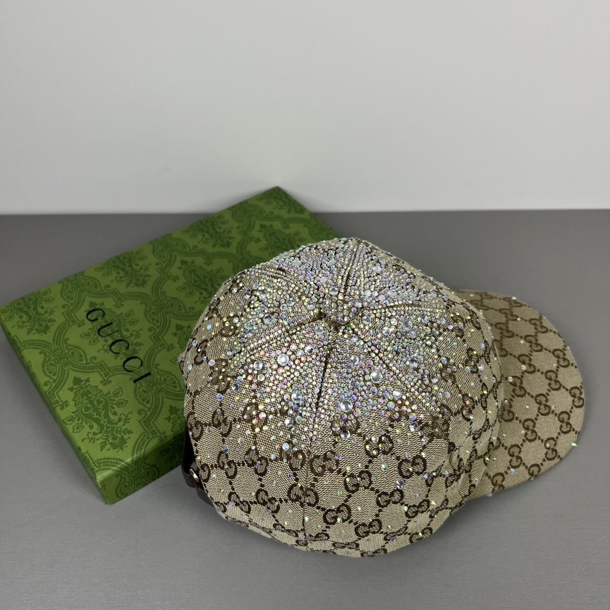 Gucci crystal GG monogram baseball cap in beige detail view