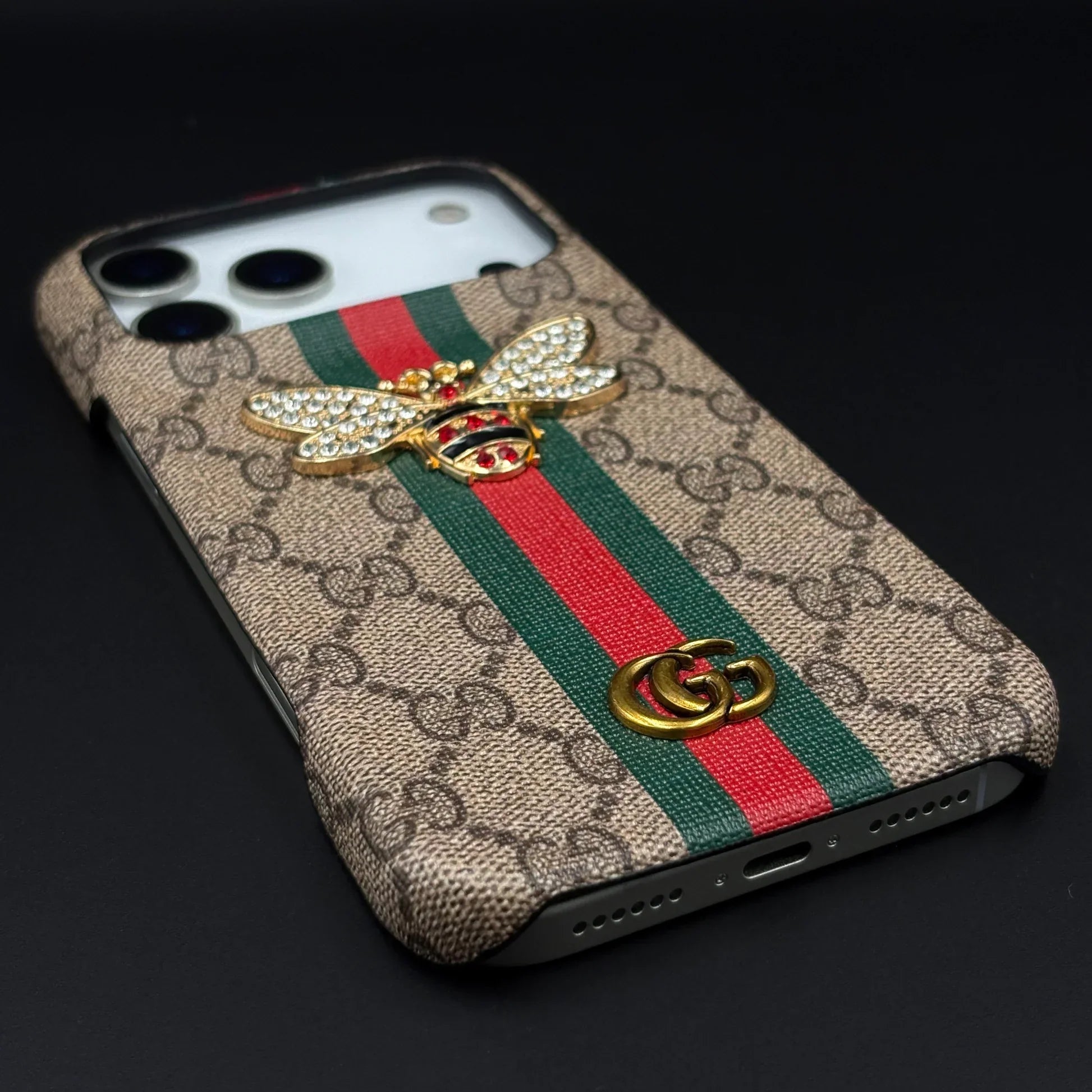 Gucci Ophidia iPhone 17 Pro Max Case with Web Stripe & Bee – Luxury GG Supreme Phone Case