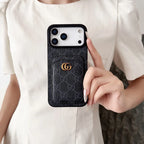 Gucci iPhone 17 Pro / Pro Max Case with Cardholder – Black GG Canvas Luxury Wallet Case