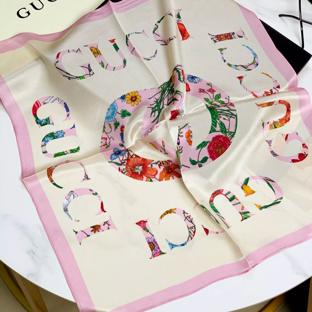 Gucci Mulberry Silk Floral Layered Logo Square Scarf for Women – product image 1