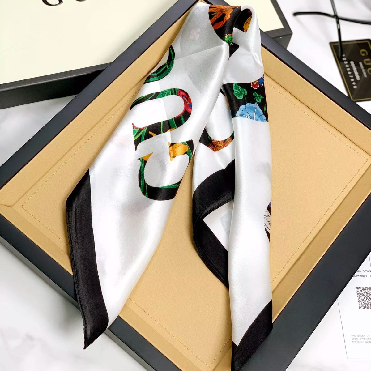 Gucci Mulberry Silk Floral Layered Logo Square Scarf for Women – product image 13