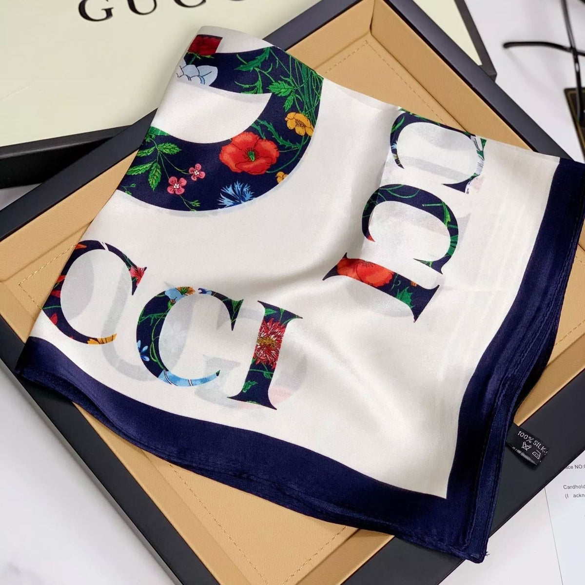 Gucci Mulberry Silk Floral Layered Logo Square Scarf for Women – product image 16