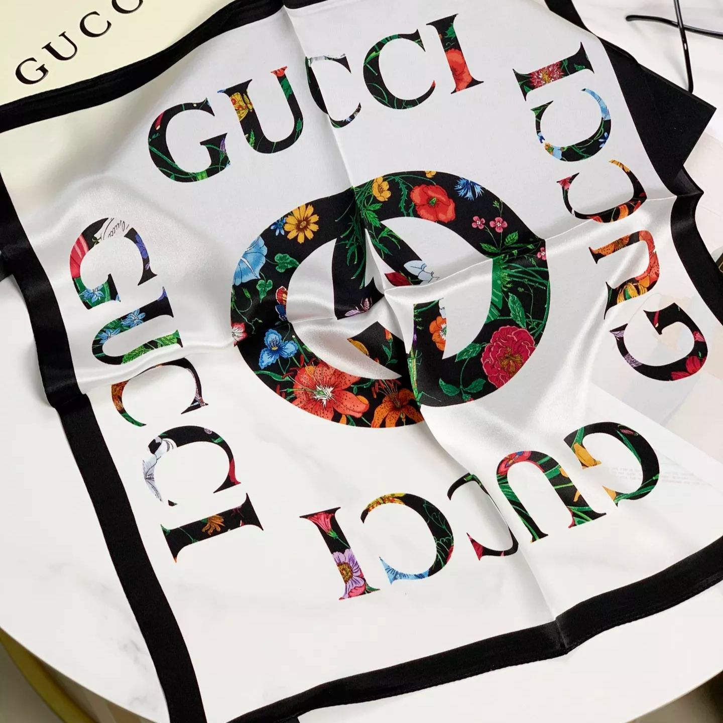 Gucci Mulberry Silk Floral Layered Logo Square Scarf for Women – product image 5