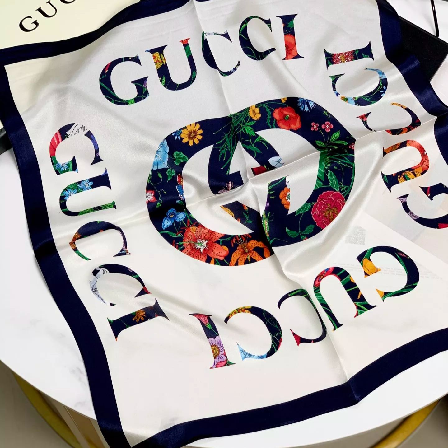 Gucci Mulberry Silk Floral Layered Logo Square Scarf for Women – product image 6