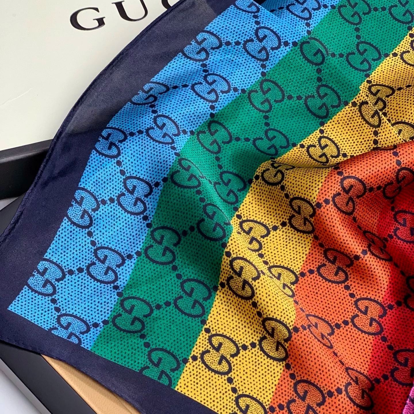 Gucci Mulberry Silk Multicolor Monogram Letter Square Scarf for Women – product image 11
