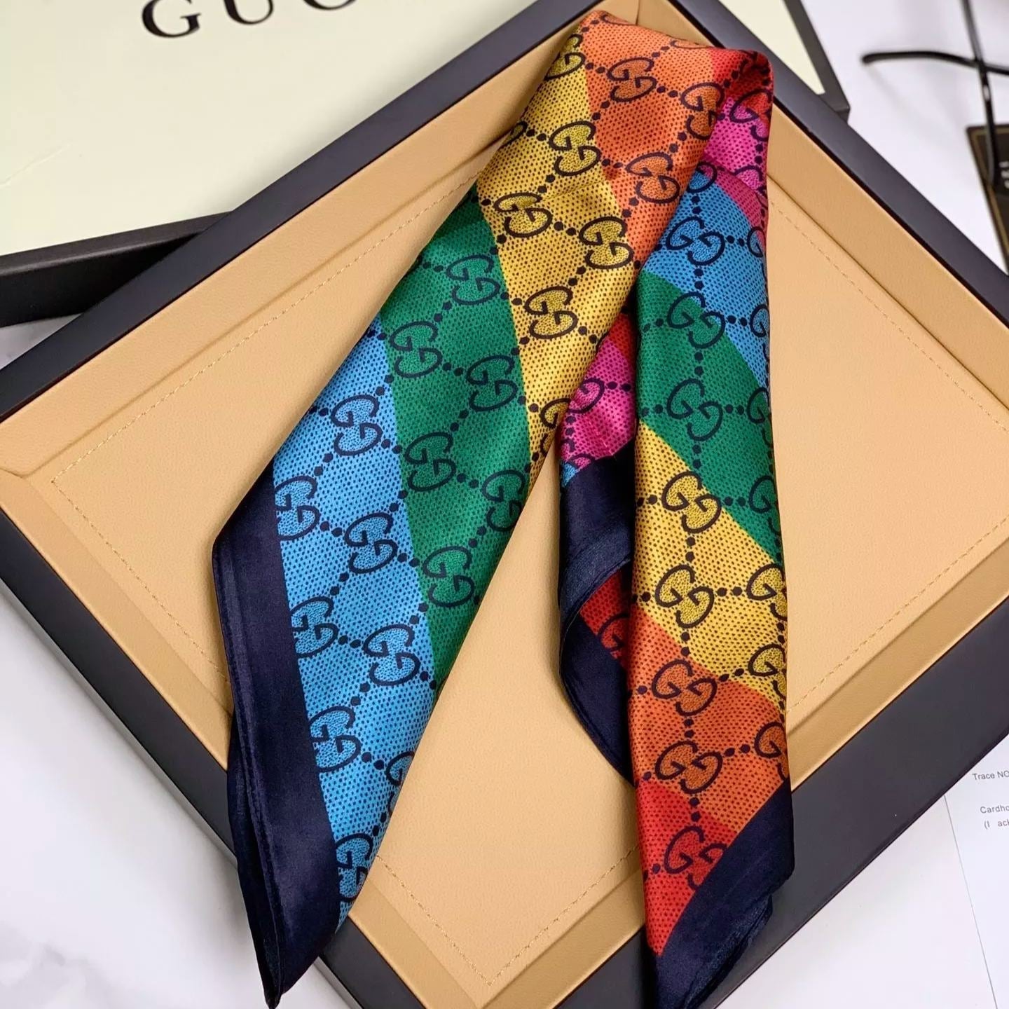 Gucci Mulberry Silk Multicolor Monogram Letter Square Scarf for Women – product image 12