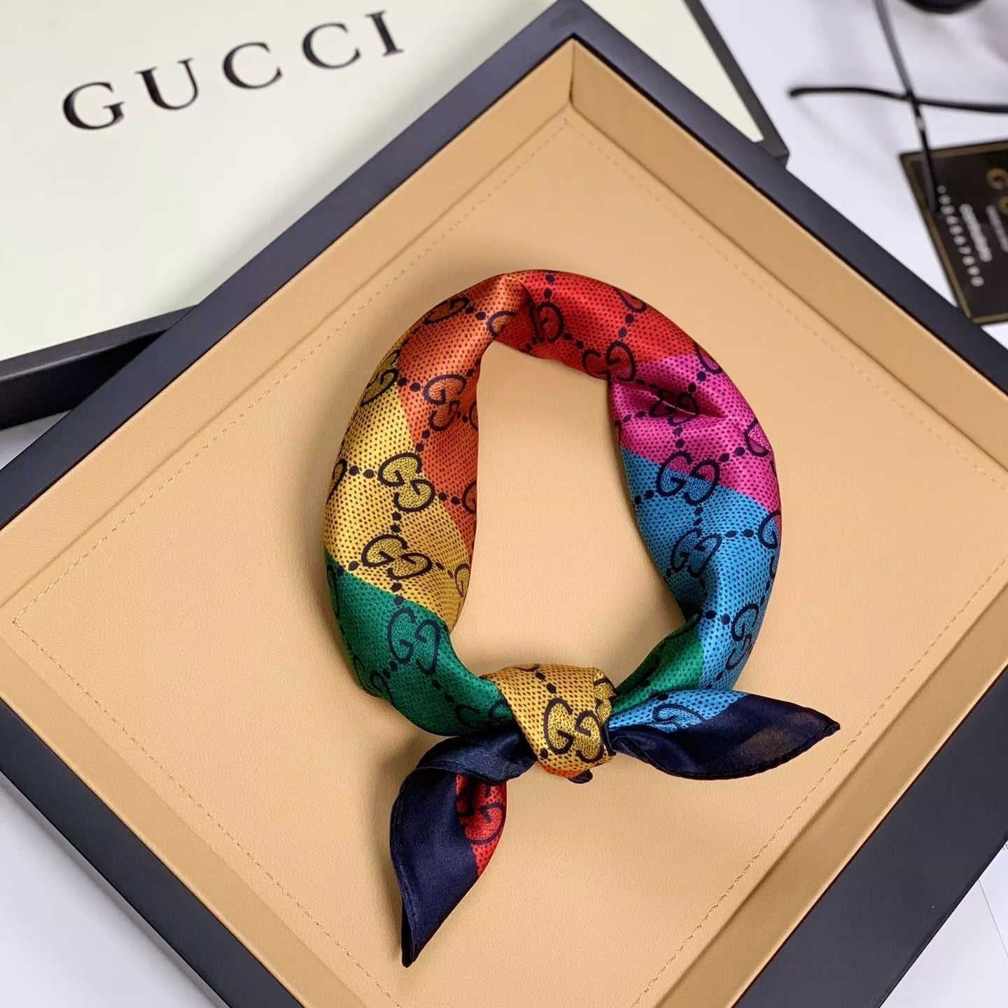 Gucci Mulberry Silk Multicolor Monogram Letter Square Scarf for Women – product image 13