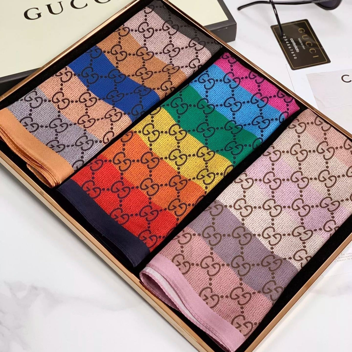 Gucci Mulberry Silk Multicolor Monogram Letter Square Scarf for Women – product image 14
