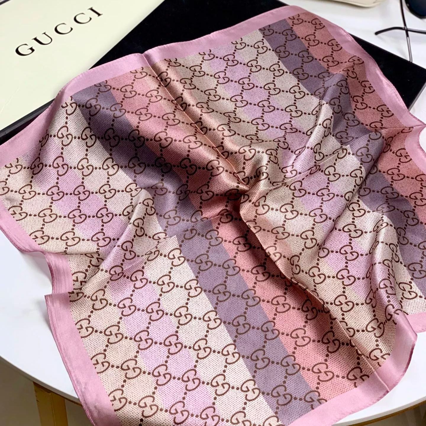 Gucci Mulberry Silk Multicolor Monogram Letter Square Scarf for Women – product image 8