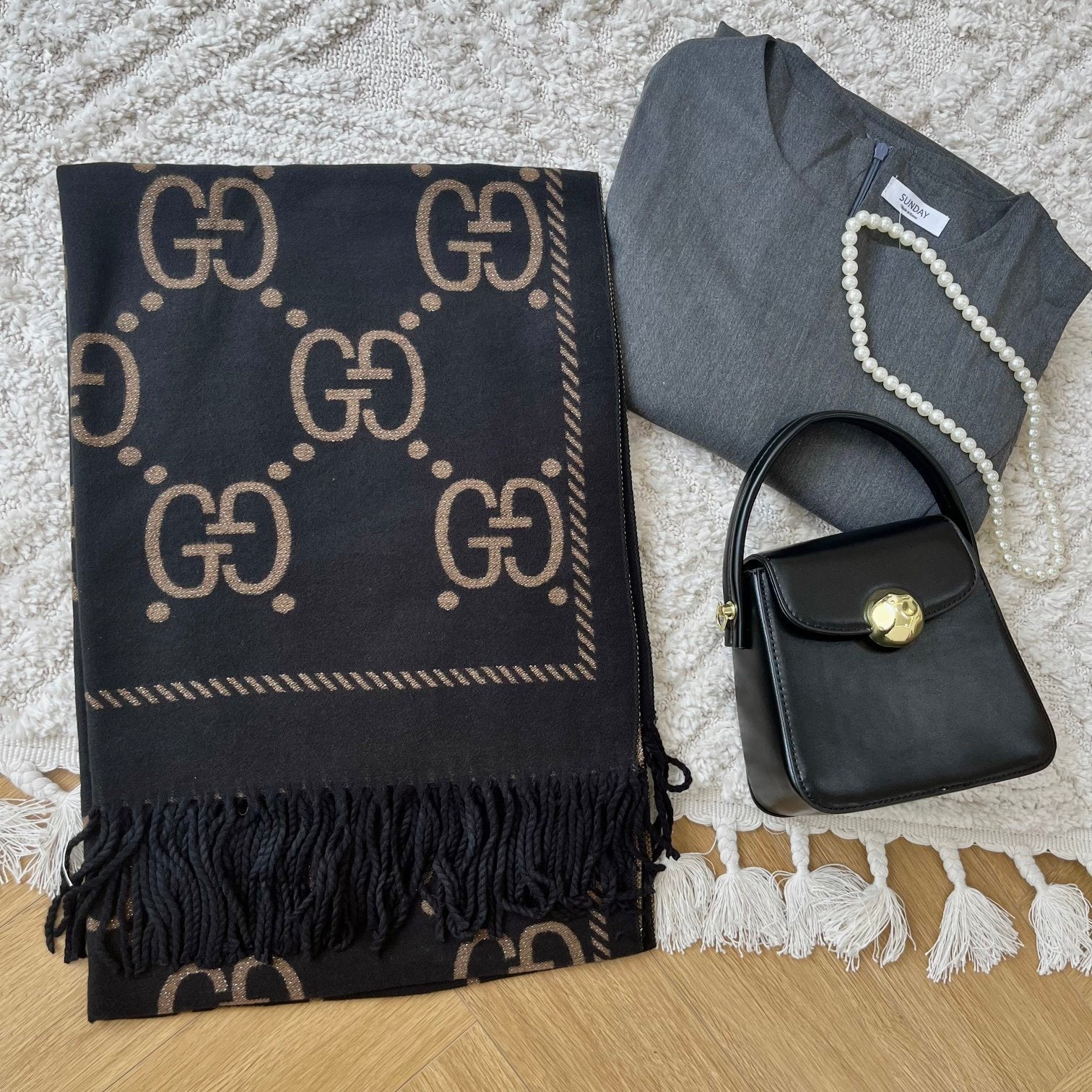 Gucci Premium Woven Classic Mink and Silver Fringe Scarf Shawl for Women – product image 1