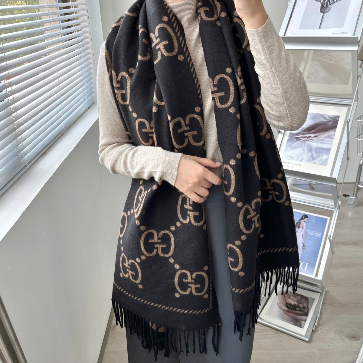 Gucci Premium Woven Classic Mink and Silver Fringe Scarf Shawl for Women – product image 13