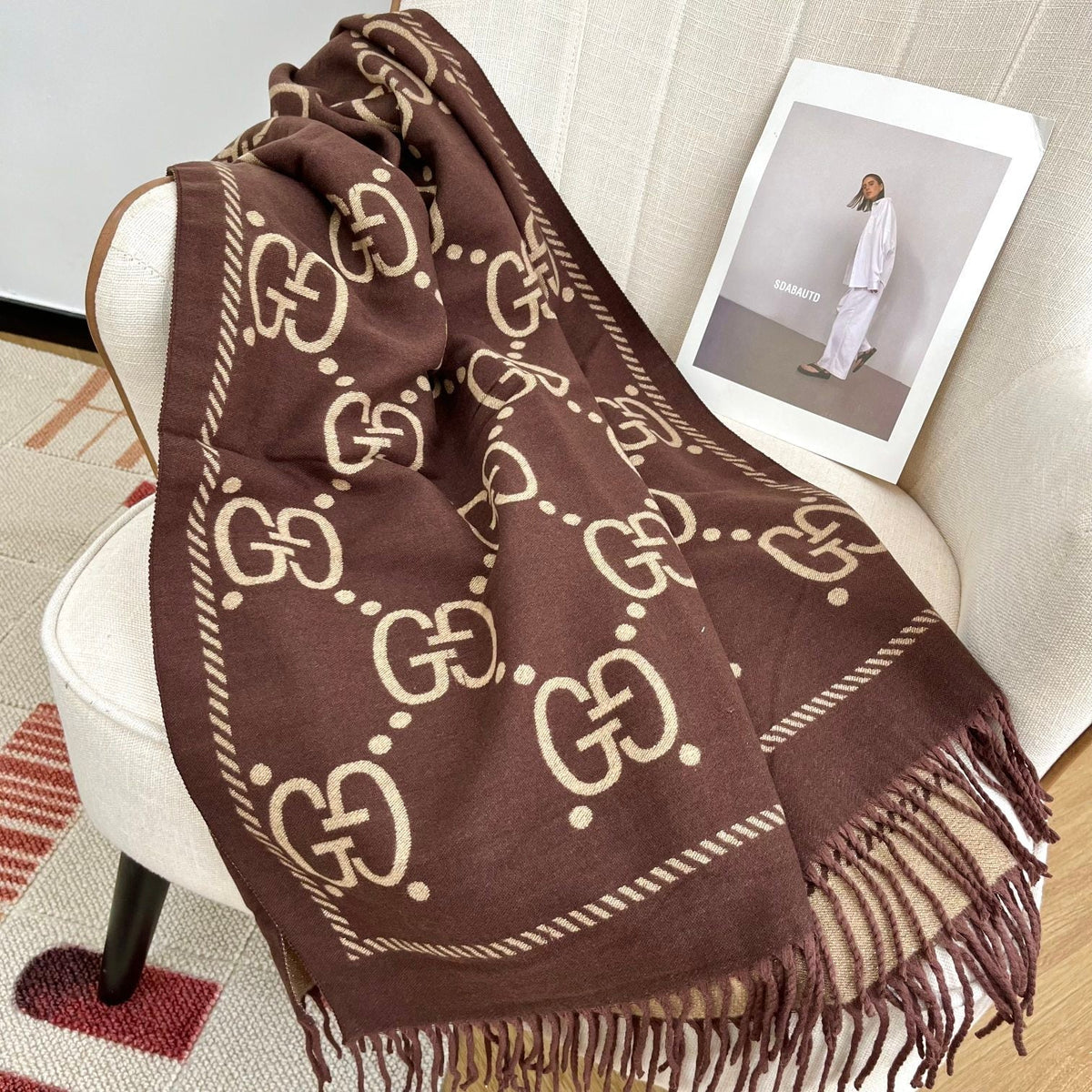Gucci Premium Woven Classic Mink and Silver Fringe Scarf Shawl for Women – product image 14