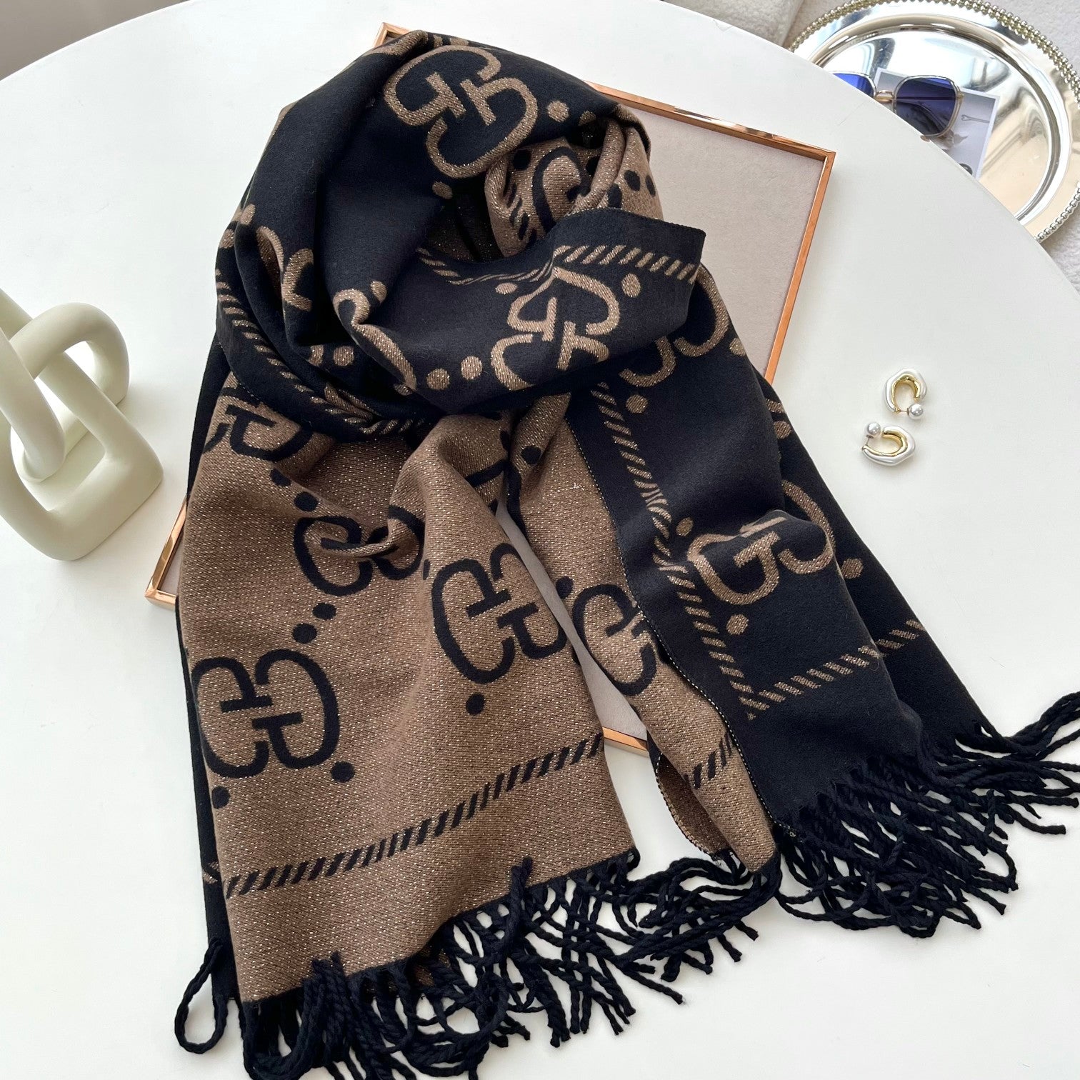 Gucci Premium Woven Classic Mink and Silver Fringe Scarf Shawl for Women – product image 9