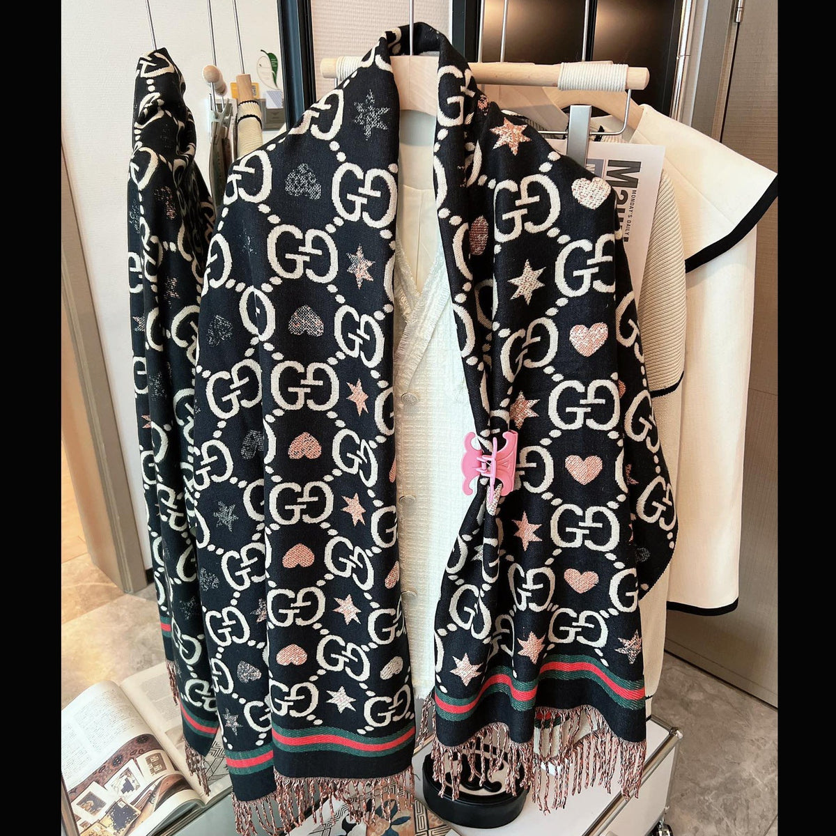 Gucci Reversible Cashmere Jacquard Fringe Scarf Shawl for Women – product image 7