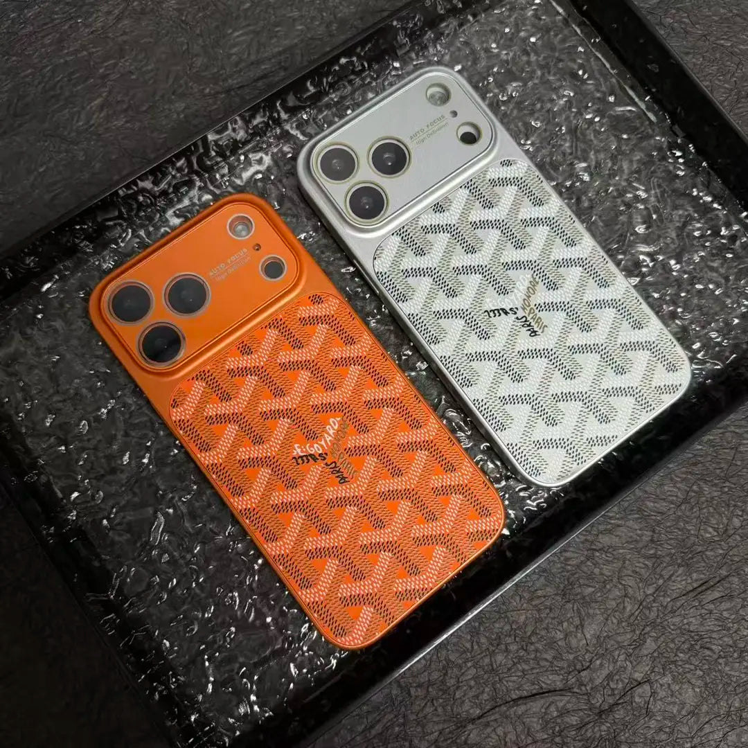 Goyard iPhone 17 Pro Max Leather Case – Vintage Monogram Luxury Cover Silver
