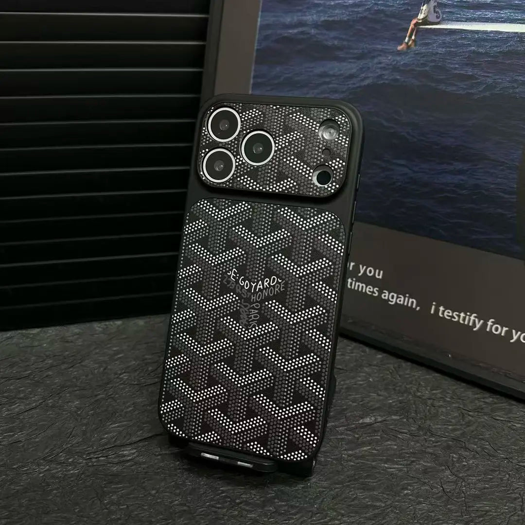 Goyard iPhone 17 Pro Max Leather Case – Vintage Monogram Luxury Cover Silver