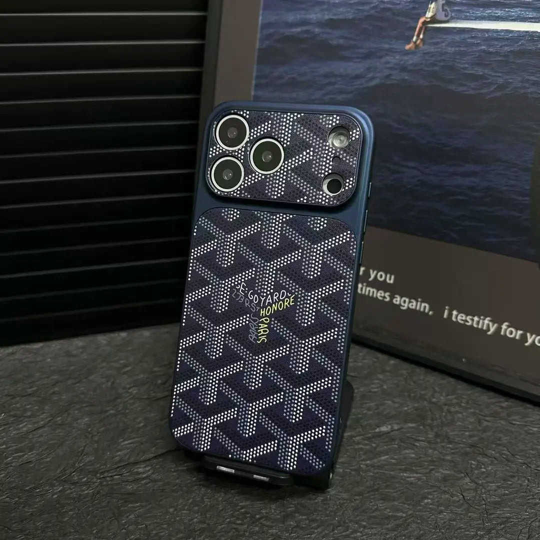 Goyard iPhone 17 Pro Max Leather Case – Vintage Monogram Luxury Cover Silver