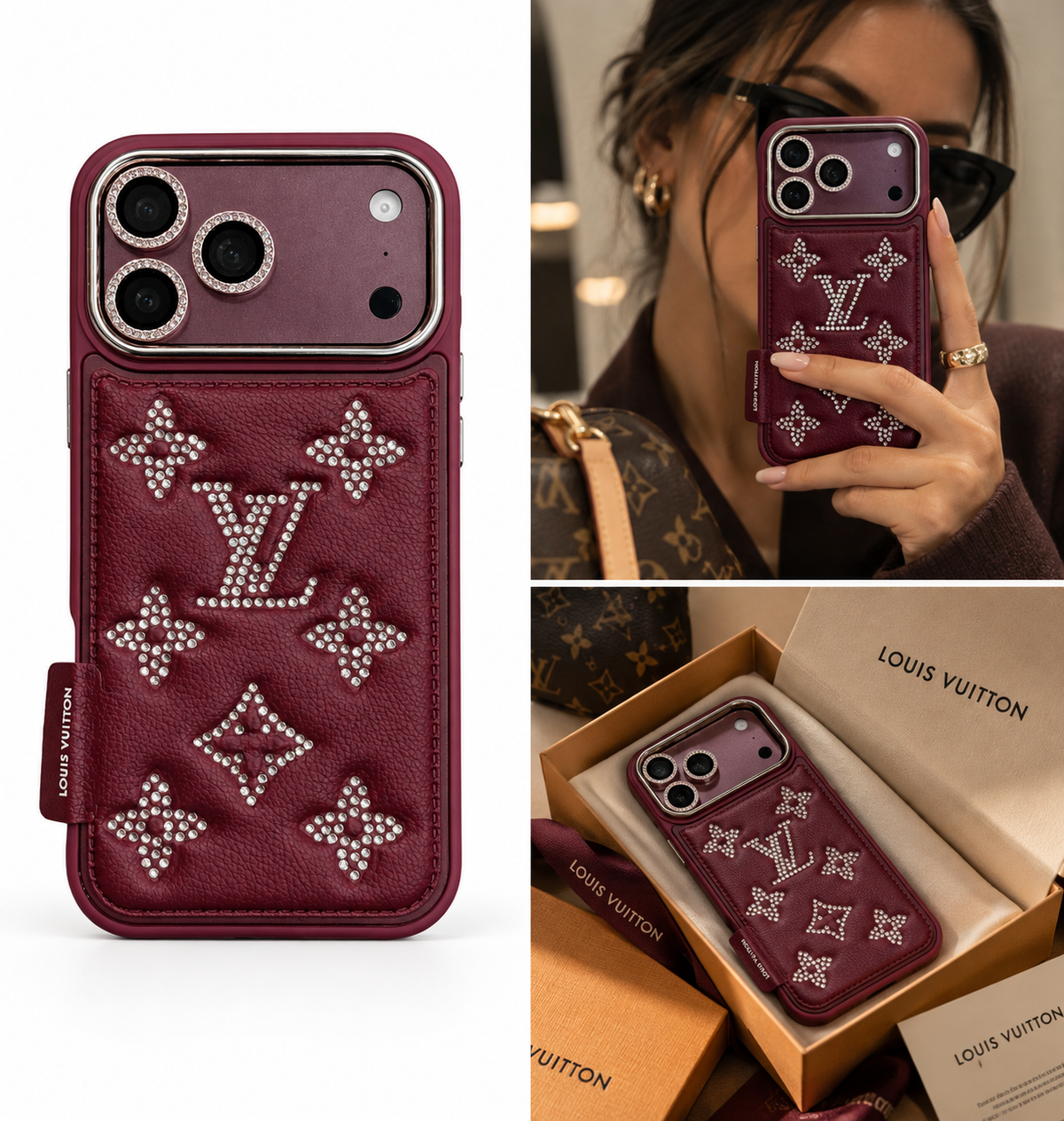 Louis Vuitton monogram phone case in burgundy leather with rhinestone monogram patterns, shown on a phone and in a branded box, with a lifestyle inset of a woman holding the case.