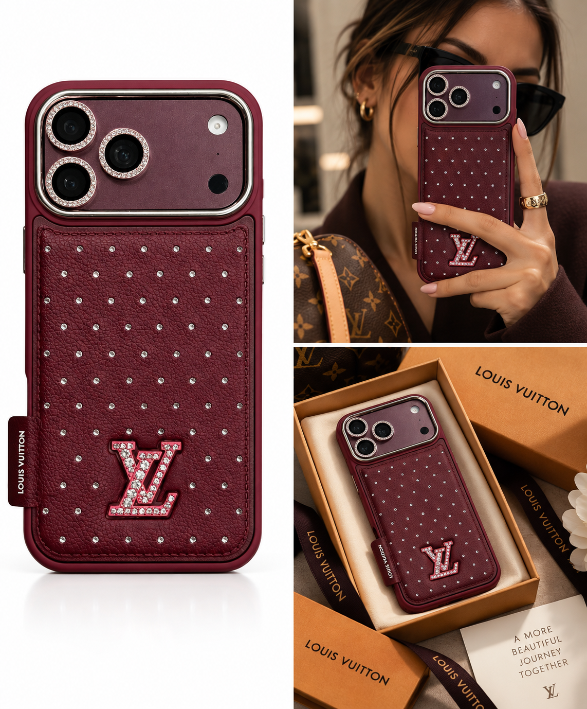 Louis Vuitton luxury phone case in burgundy leather with rhinestone studs, a rhinestone-embellished LV logo, and a dotted pattern, shown in a clean studio shot, on a model's phone, and inside its branded box.