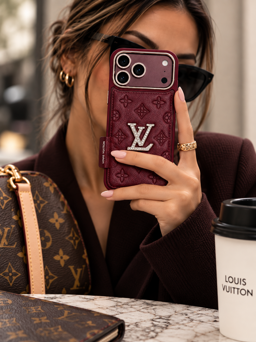 Burgundy monogram Louis Vuitton case for iPhone 18 Pro – lifestyle view