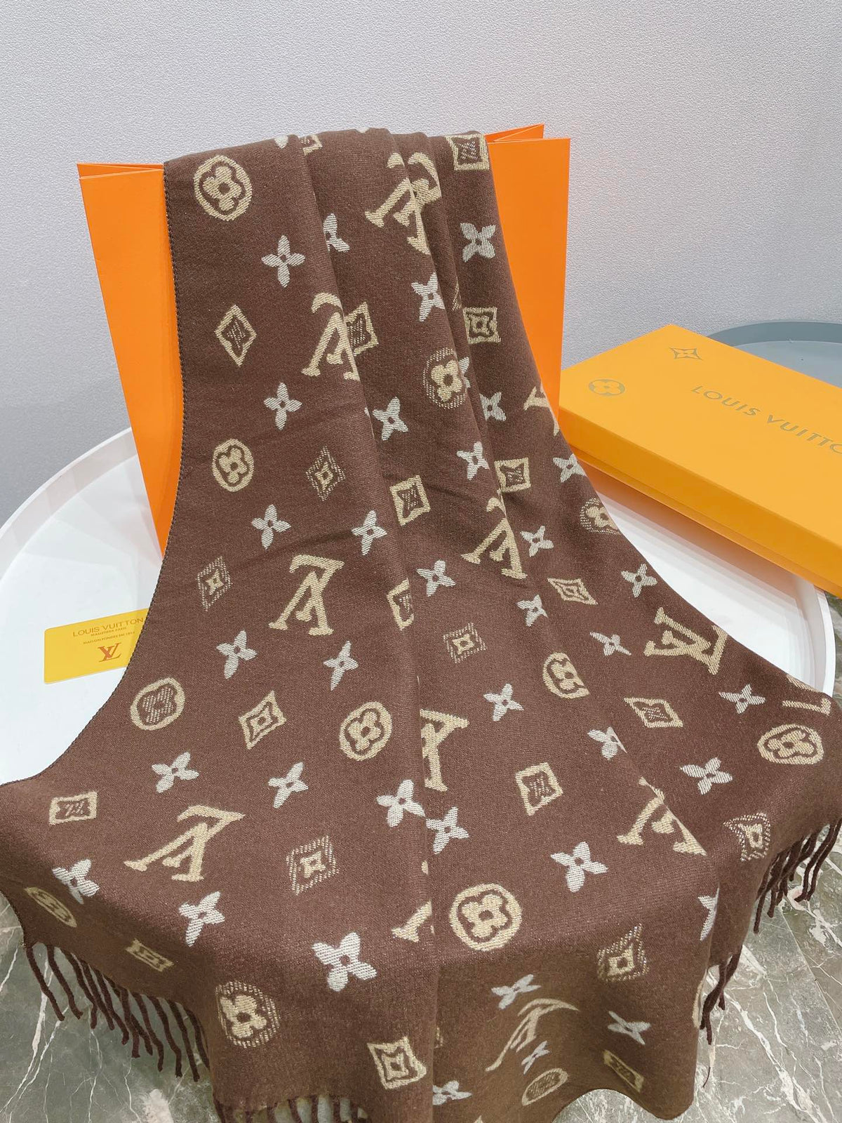 Louis Vuitton Cashmere Classic Monogram Warm Fringe Scarf Shawl for Women – product image 16