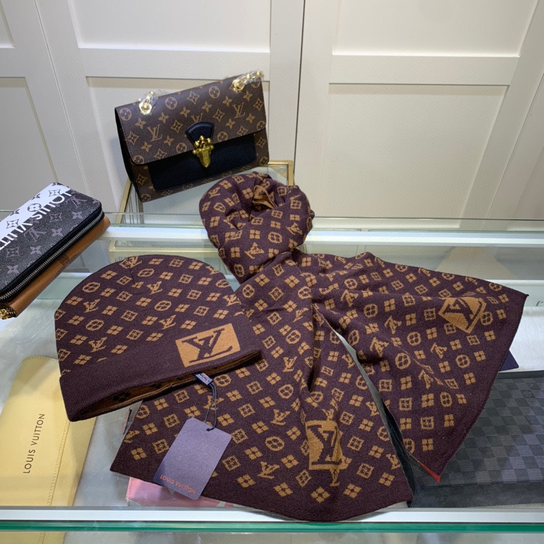Louis Vuitton Cashmere Monogram Letter Jacquard Scarf Hat Set for Women – product image 13