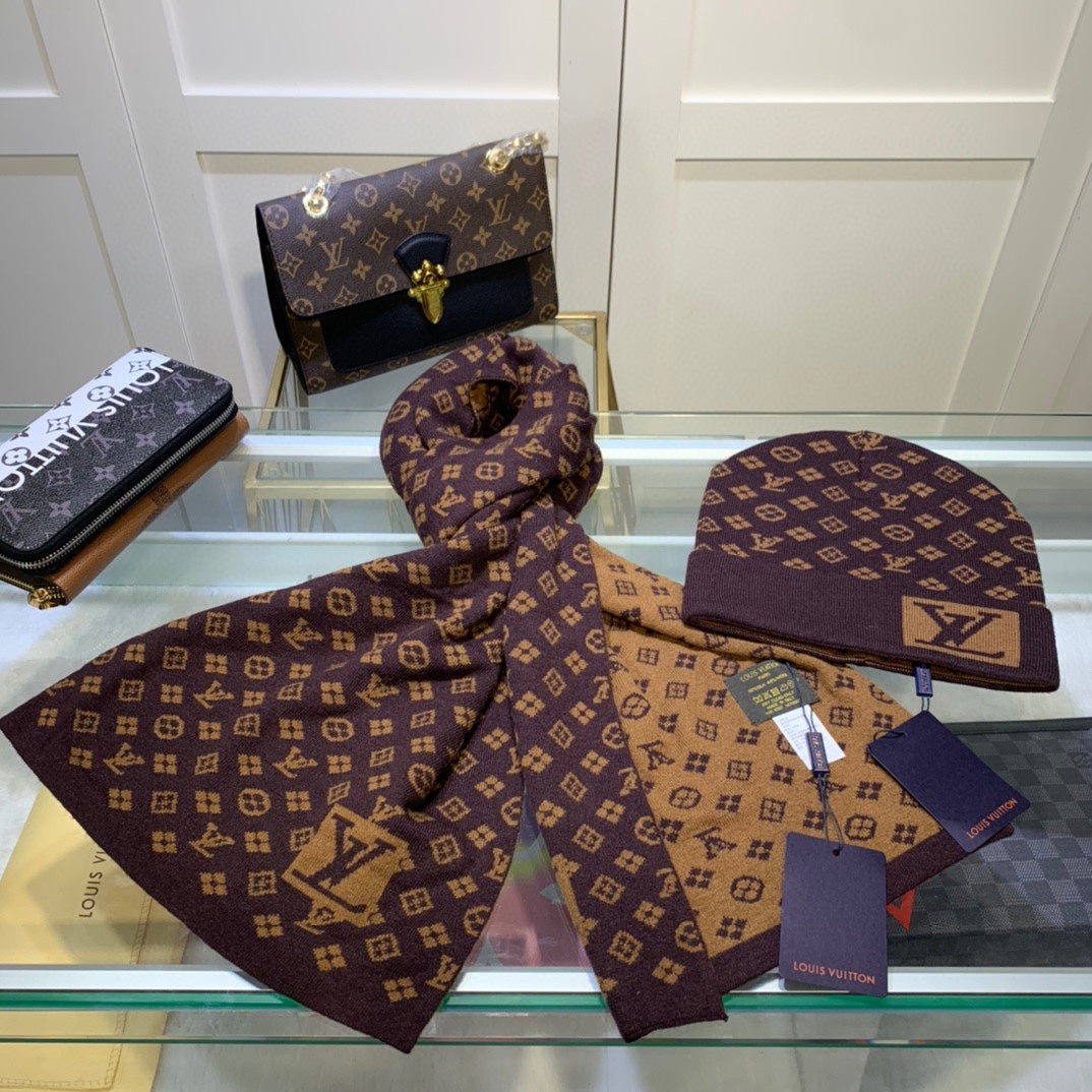 Louis Vuitton Cashmere Monogram Letter Jacquard Scarf Hat Set for Women – product image 14