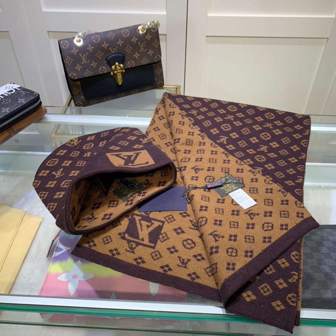 Louis Vuitton Cashmere Monogram Letter Jacquard Scarf Hat Set for Women – product image 15