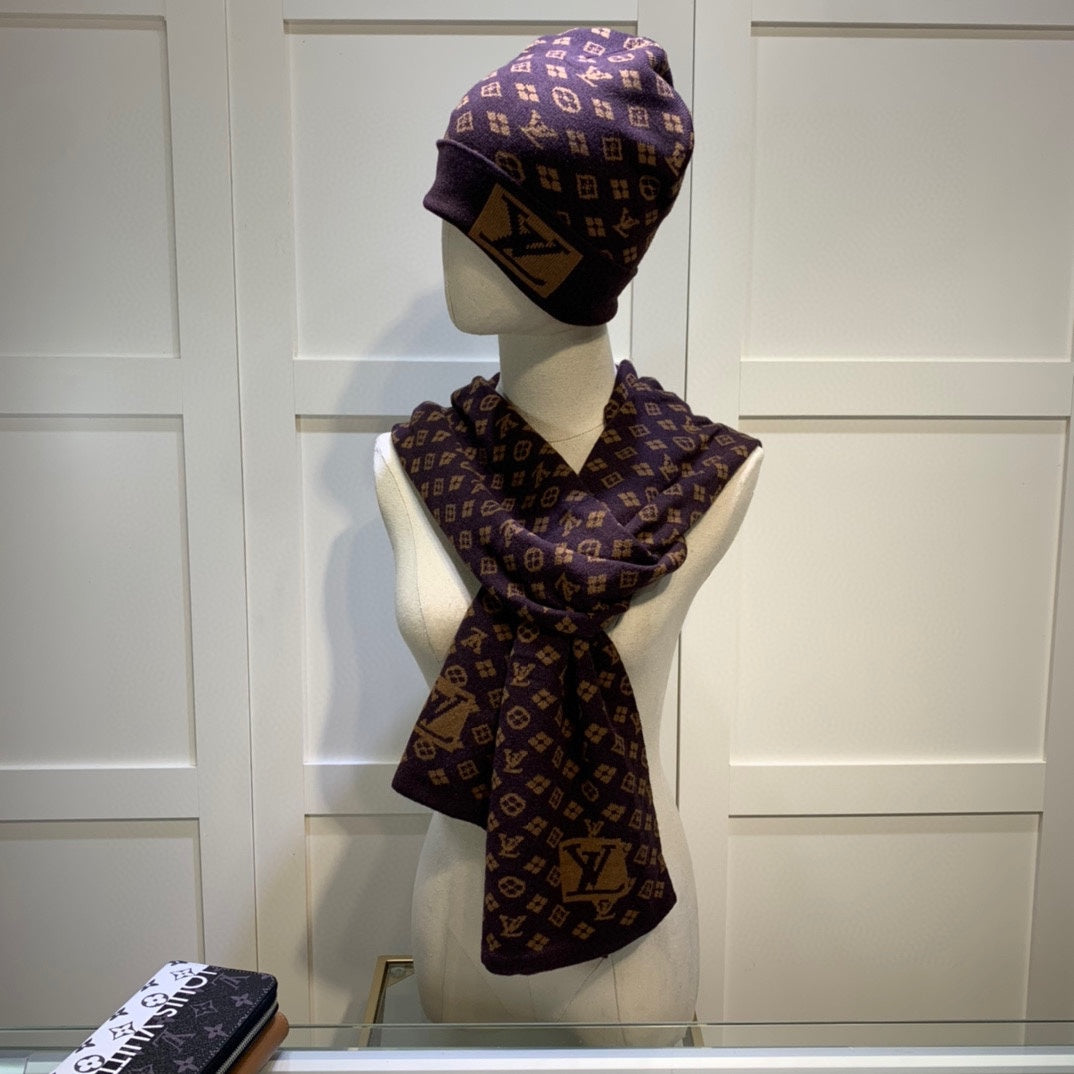 Louis Vuitton Cashmere Monogram Letter Jacquard Scarf Hat Set for Women – product image 16