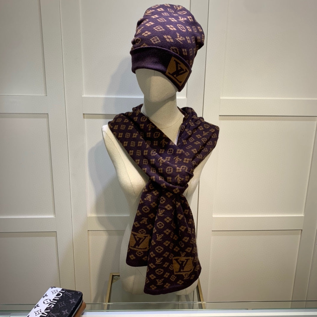 Louis Vuitton Cashmere Monogram Letter Jacquard Scarf Hat Set for Women – product image 17