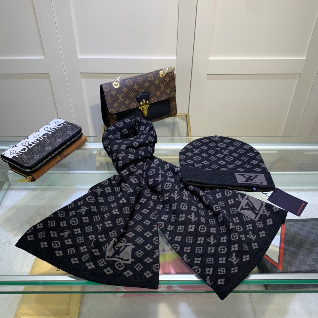 Louis Vuitton Cashmere Monogram Letter Jacquard Scarf Hat Set for Women – product image 18