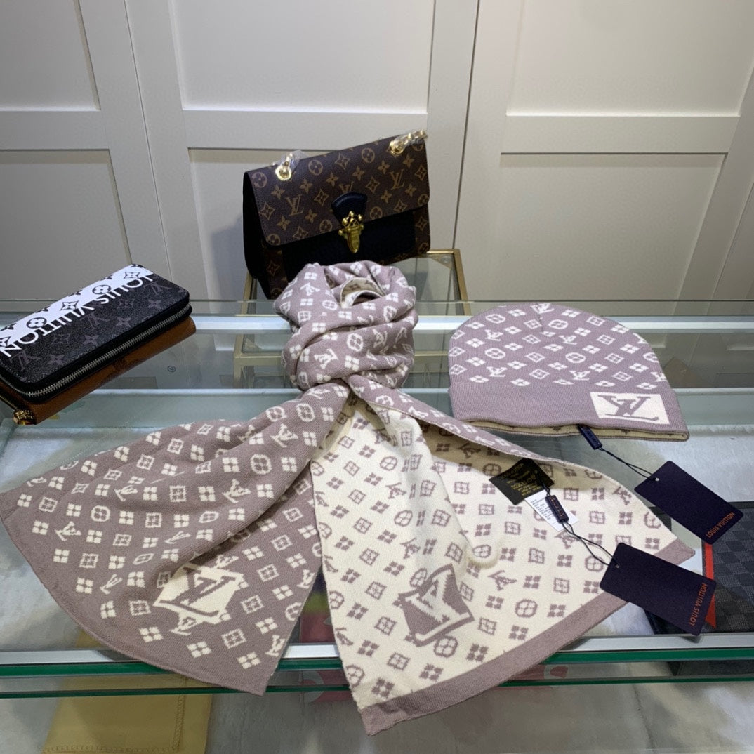 Louis Vuitton Cashmere Monogram Letter Jacquard Scarf Hat Set for Women – product image 28