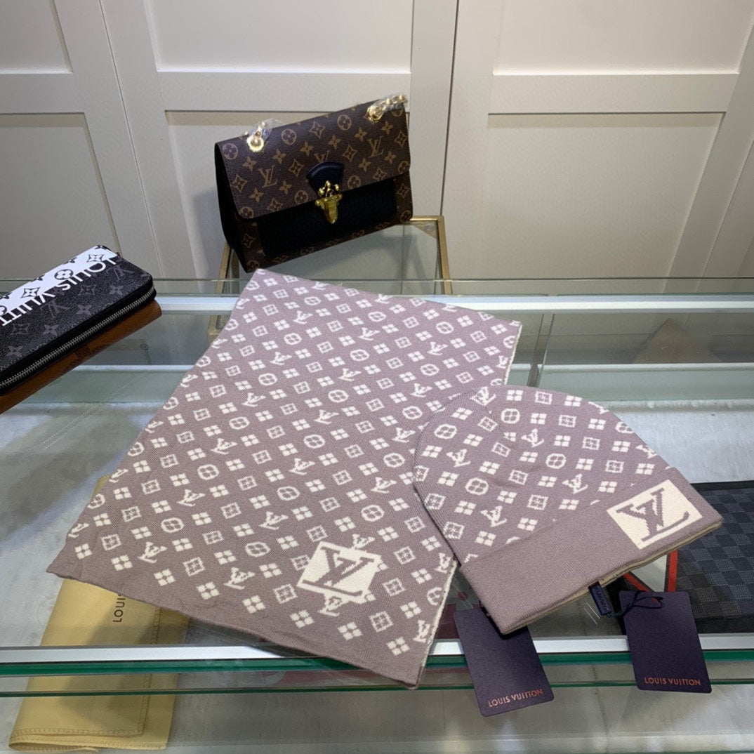 Louis Vuitton Cashmere Monogram Letter Jacquard Scarf Hat Set for Women – product image 4