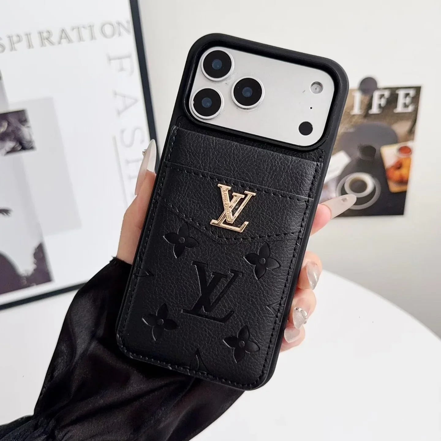 Louis Vuitton iPhone 17 Pro Max Case with Card Holder – Dark gray Classic Monogram Leather