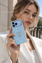 Front view of Glacier blue luxury case for iPhone 18 Pro Max with polished camera detailing