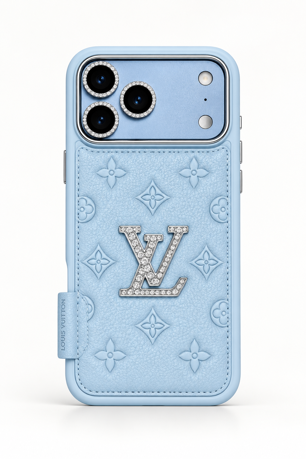 Glacier blue Louis Vuitton-style iPhone 18 Pro Max case with textured monogram pattern and crystal emblem