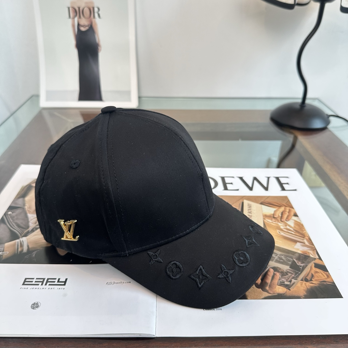 Louis Vuitton monogram baseball cap in black front view